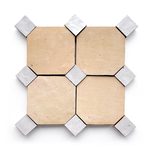 Zellige Octodot (4" x 4") Unglazed Clay with Natural White