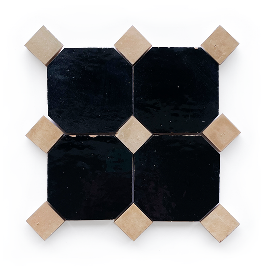 Zellige Octodot (4" x 4") Black with Unglazed Clay